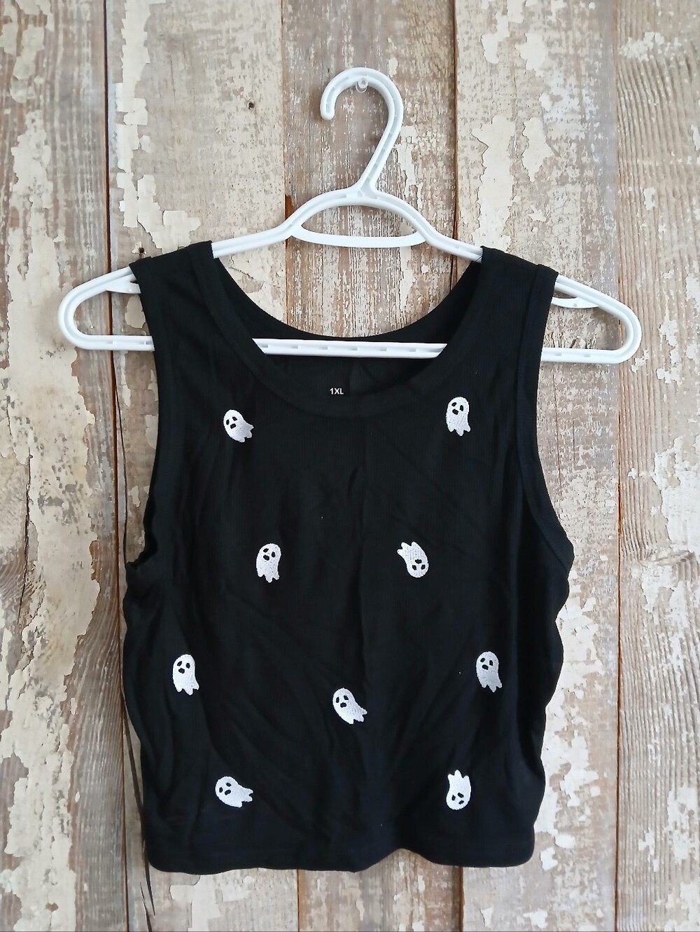 (2/20$)Black Ghost Print Cropped Tank Top